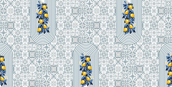 Motivo di frutta su sfondo bianco e blu Motivo di frutta su sfondo bianco e blu