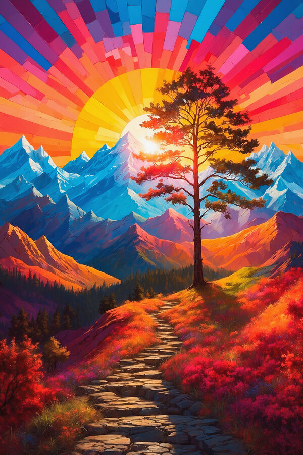 Painting of a mountain landscape with a tree and a colorful sunset Painting of a mountain landscape with a tree and a colorful sunset