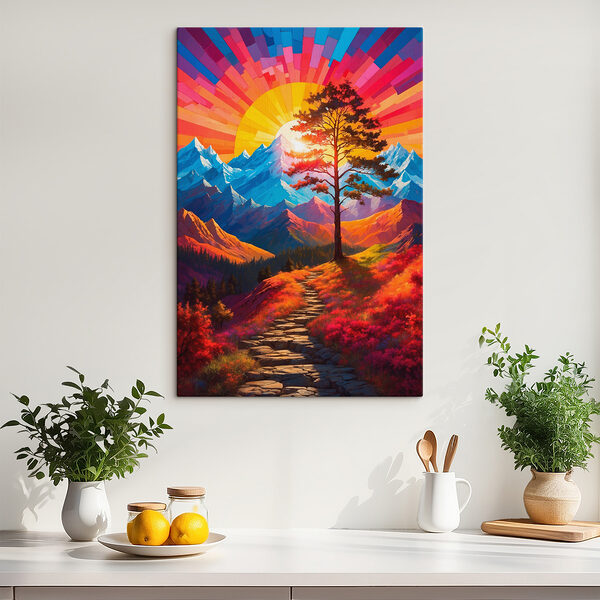 Painting of a mountain landscape with a tree and a colorful sunset Painting of a mountain landscape with a tree and a colorful sunset