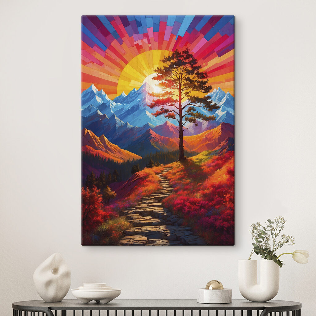 Painting of a mountain landscape with a tree and a colorful sunset Painting of a mountain landscape with a tree and a colorful sunset