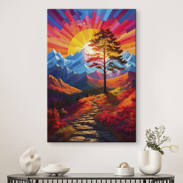 Painting of a mountain landscape with a tree and a colorful sunset Painting of a mountain landscape with a tree and a colorful sunset