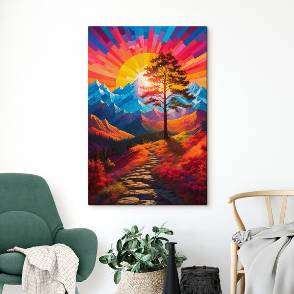 Painting of a mountain landscape with a tree and a colorful sunset Painting of a mountain landscape with a tree and a colorful sunset