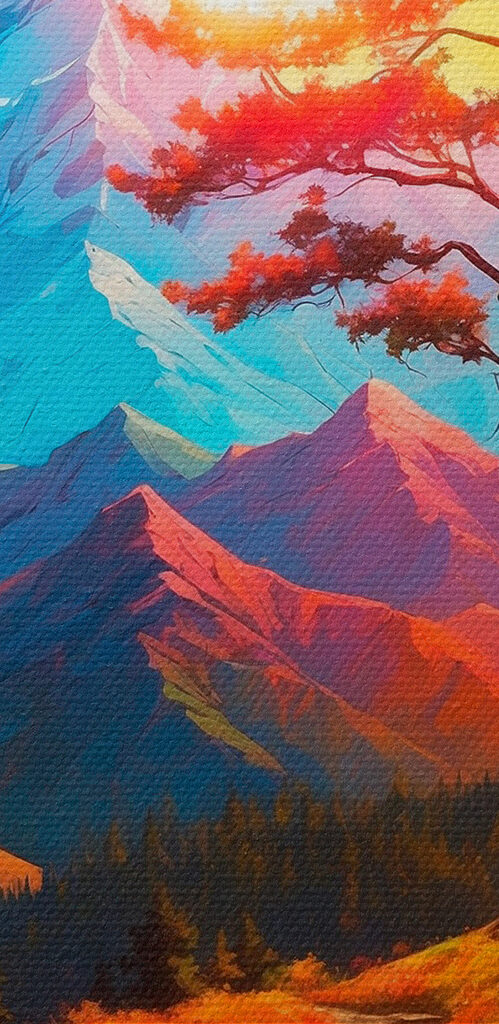 Painting of a mountain landscape with a tree and a colorful sunset Painting of a mountain landscape with a tree and a colorful sunset
