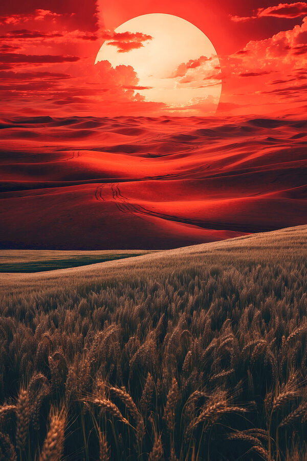 Field of wheat in a red sky Field of wheat in a red sky