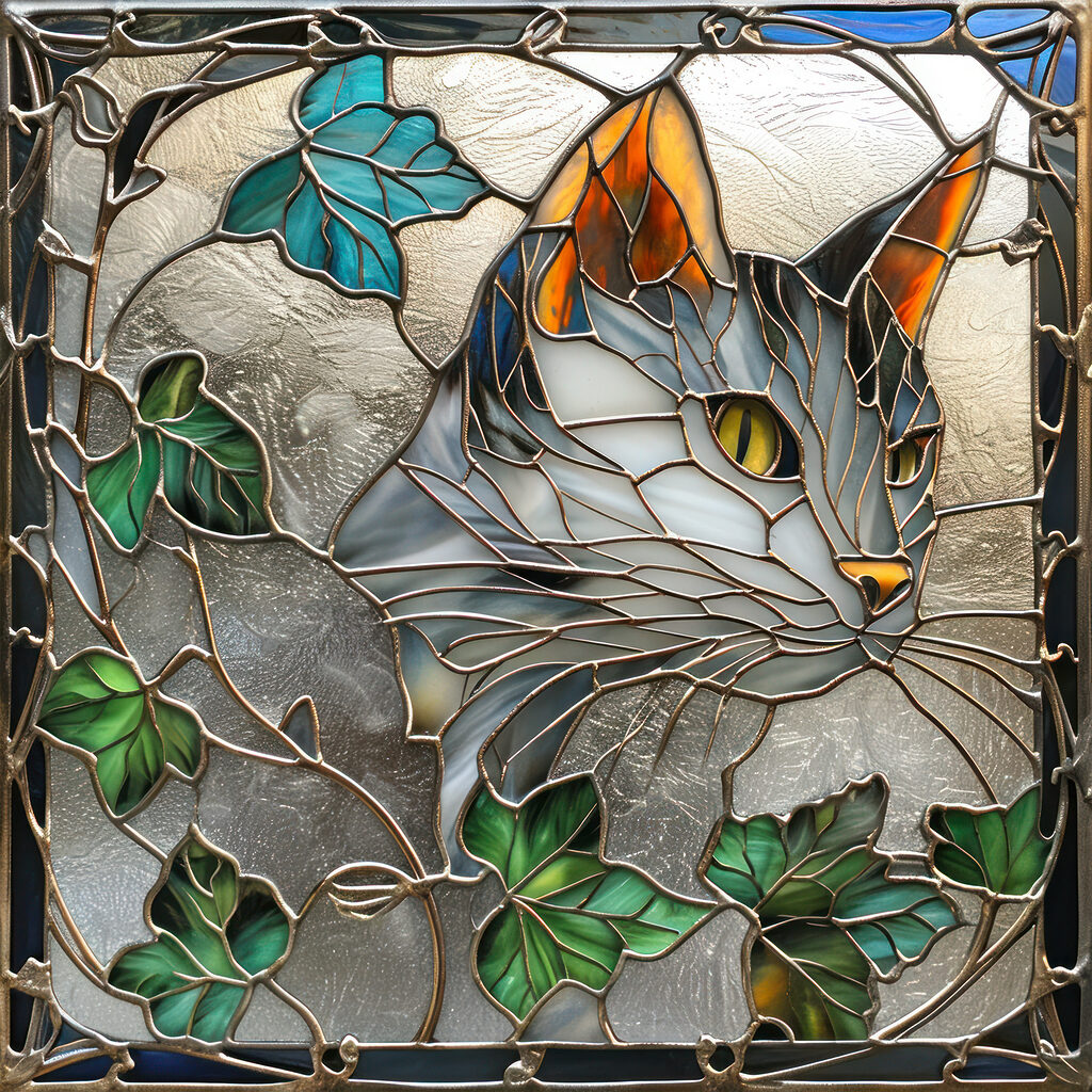 Stained glass window with a cat's face Stained glass window with a cat's face