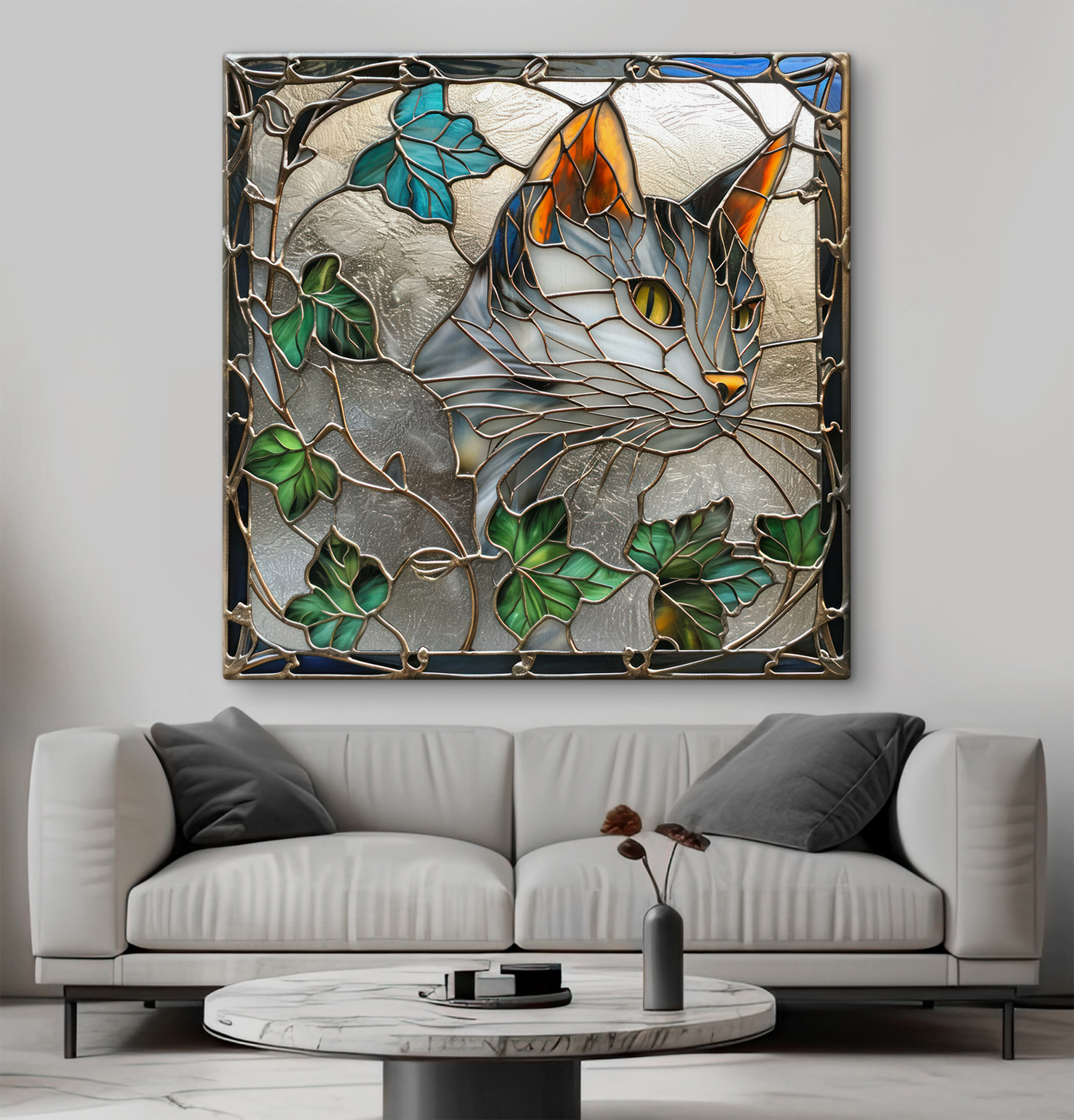Stained glass window with a cat's face Stained glass window with a cat's face