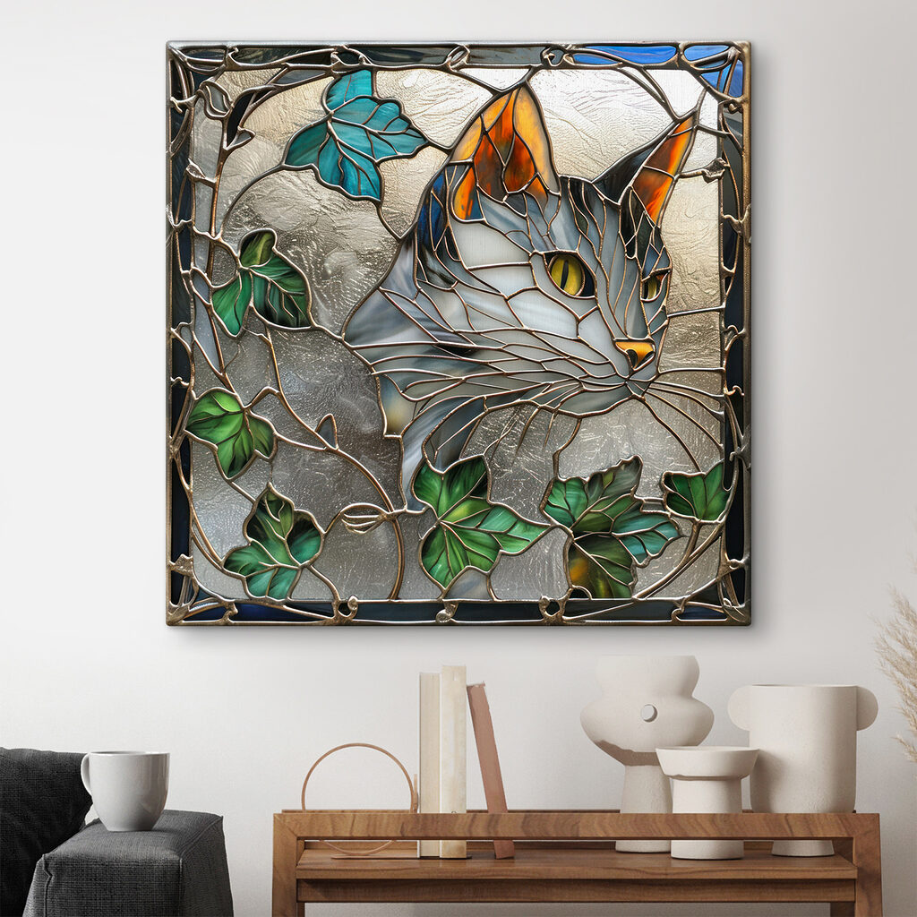 Stained glass window with a cat's face Stained glass window with a cat's face