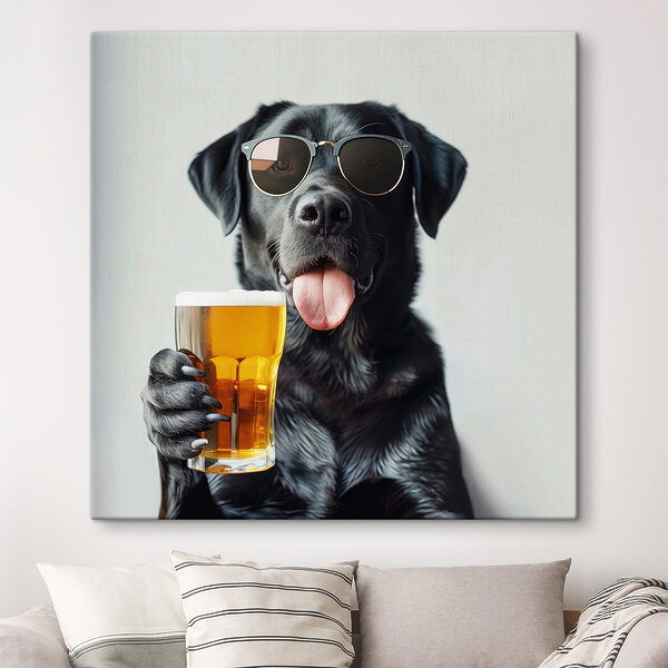 Dog wearing sunglasses and holding a glass of beer