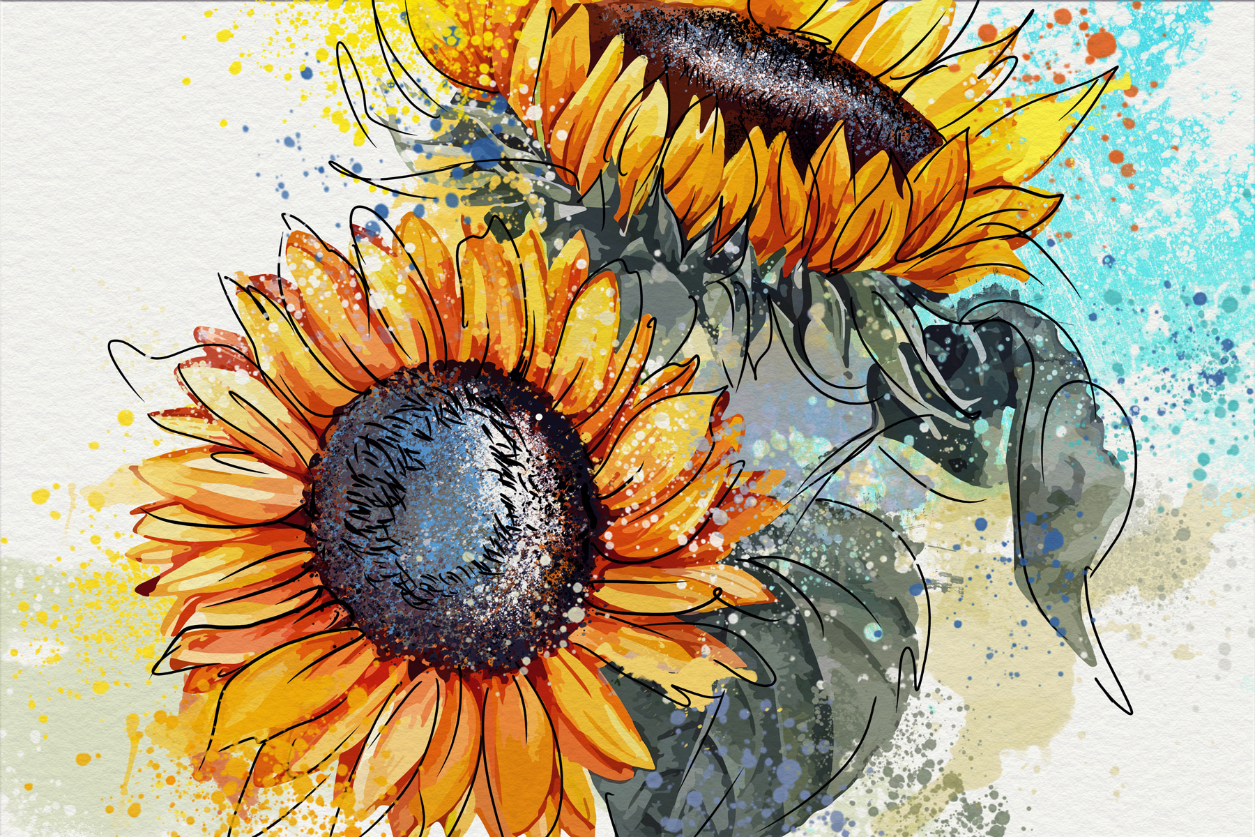 Painting of sunflowers with paint splatters