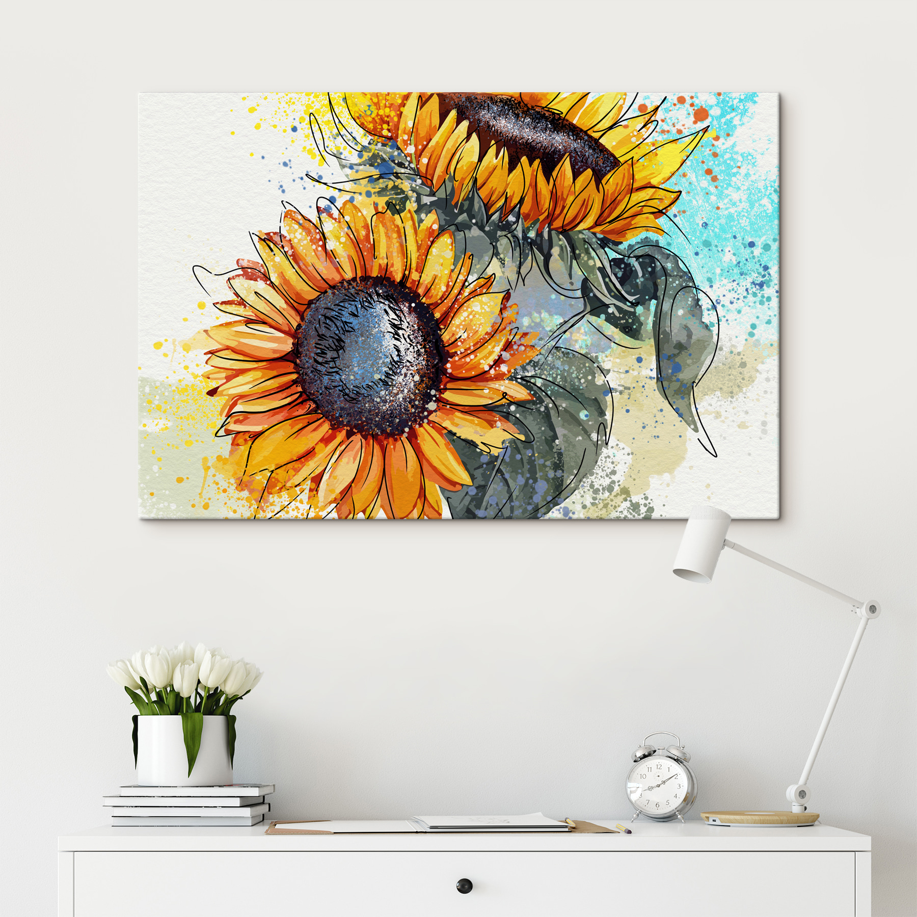 Painting of sunflowers with paint splatters