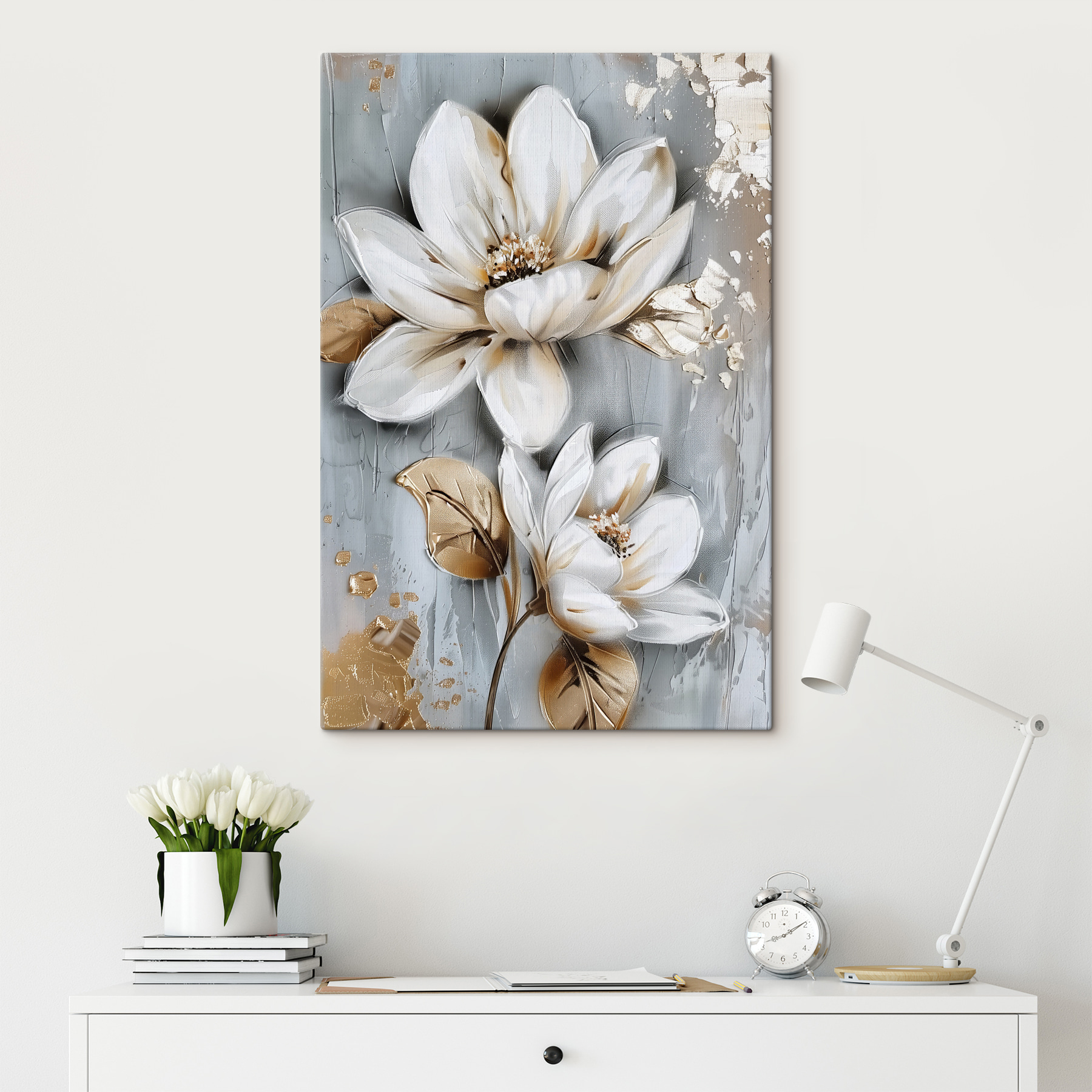 Painting of flowers on a grey surface