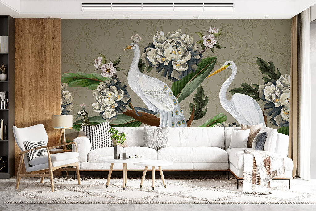 Wallpaper with birds and flowers