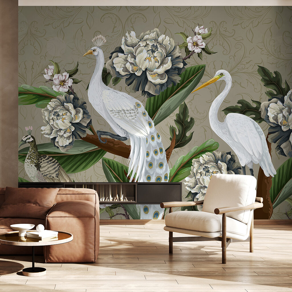 Wallpaper with birds and flowers