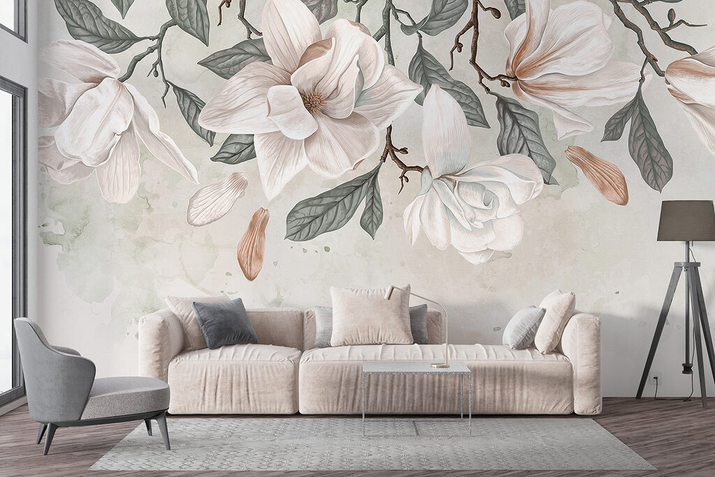 White flowers and leaves on a white background