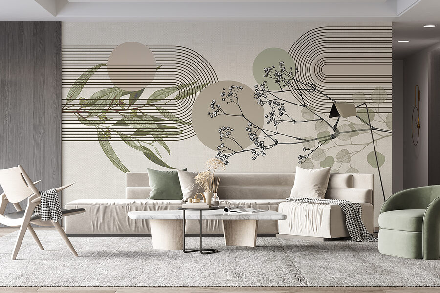 Disegno botanico con elementi astratti.