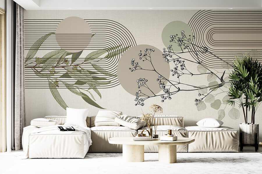 Disegno botanico con elementi astratti.