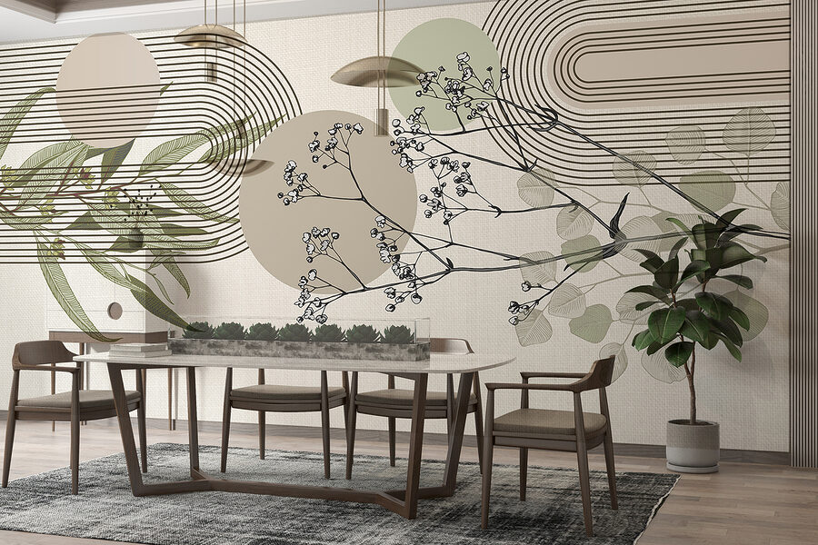 Disegno botanico con elementi astratti.