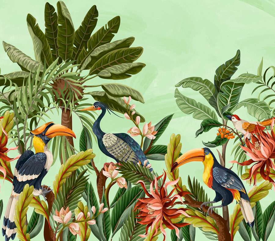 Gruppo di uccelli e fiori