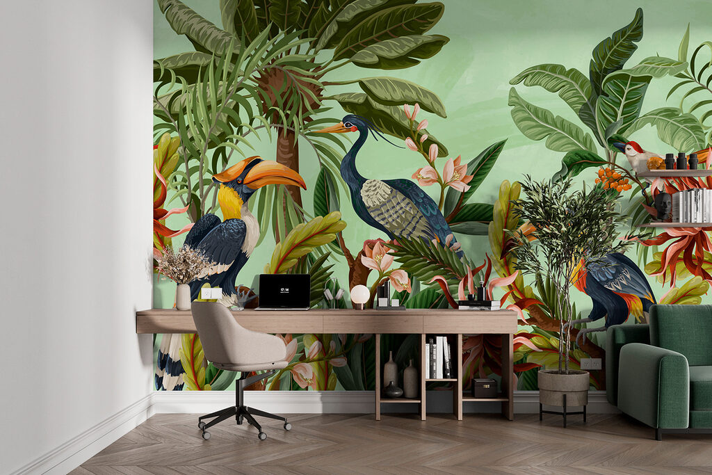 Group of birds and flowers