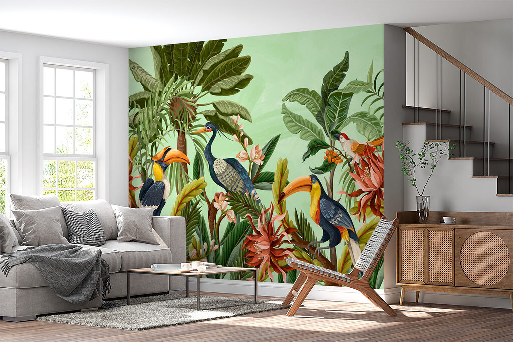 Group of birds and flowers