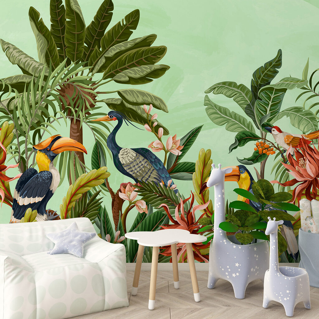 Group of birds and flowers