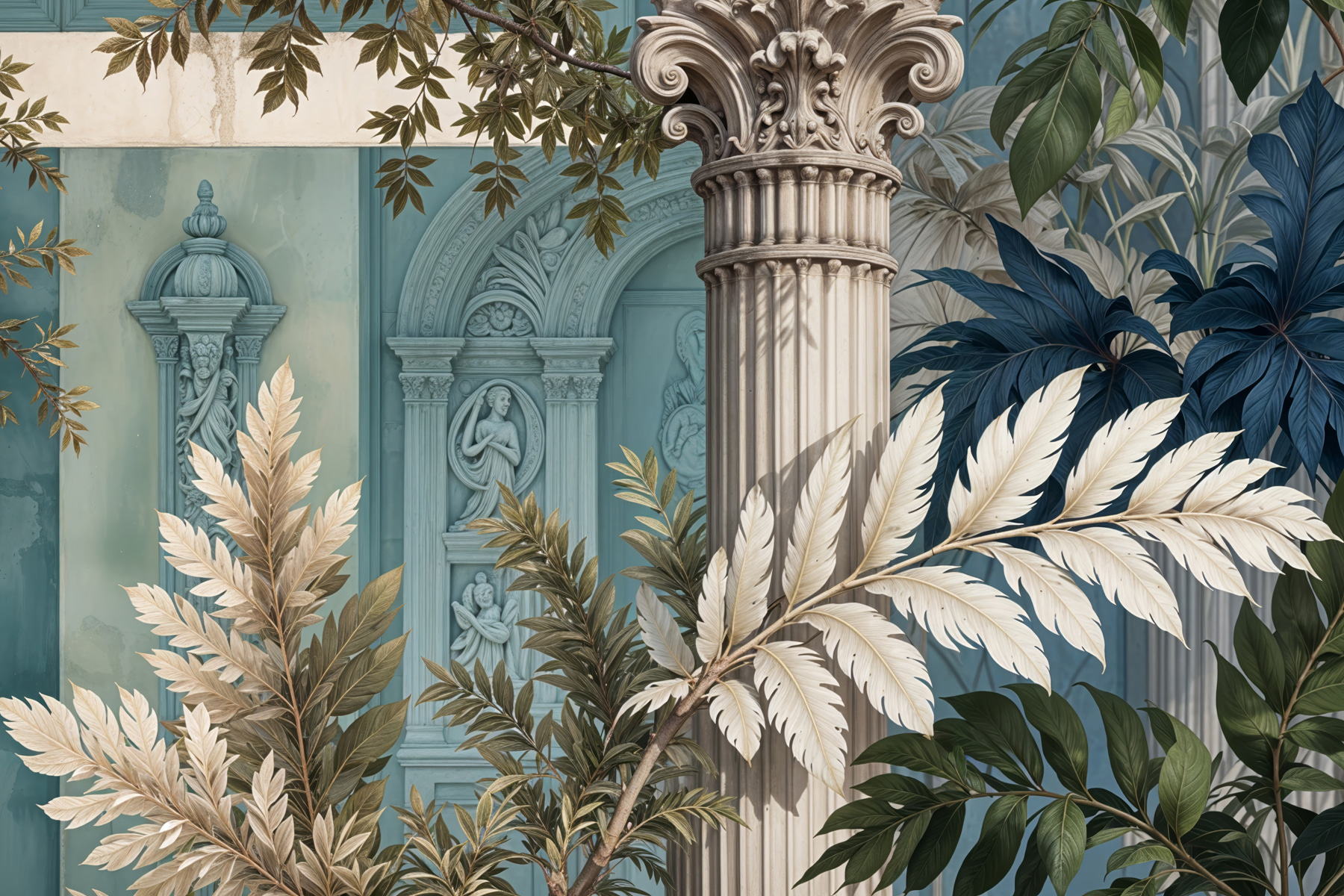 White pillar with leaves and a blue building White pillar with leaves and a blue building