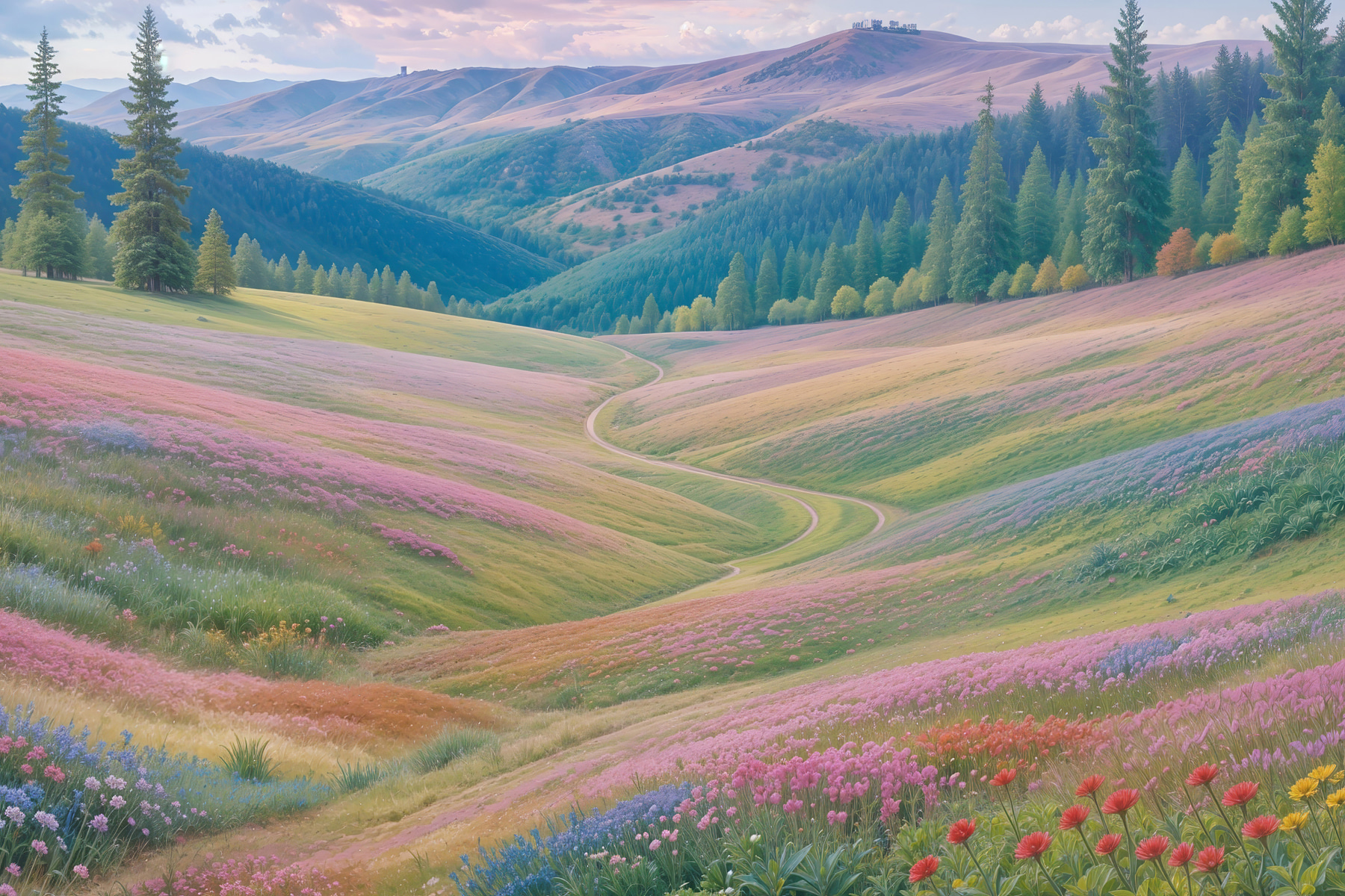 Landscape with hills and flowers