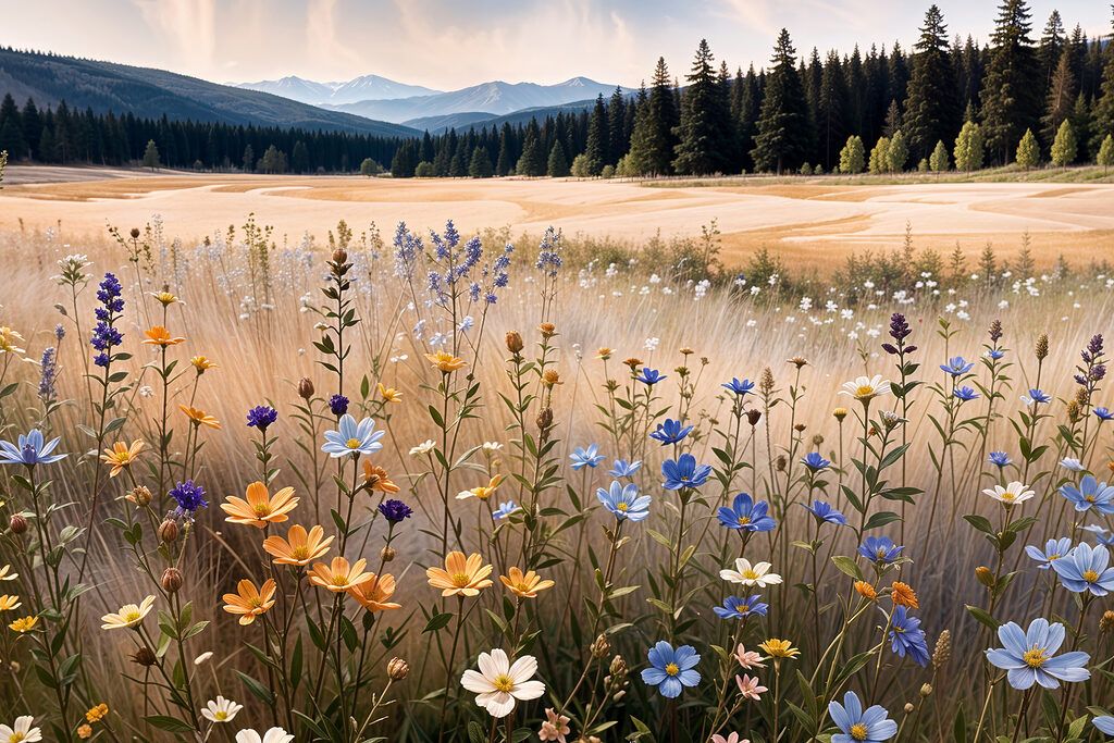 Field of flowers with trees in the background Field of flowers with trees in the background