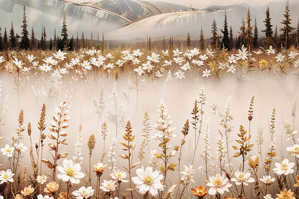 Field of flowers with mountains in the background