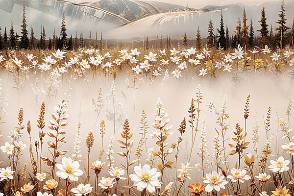 Field of flowers with mountains in the background