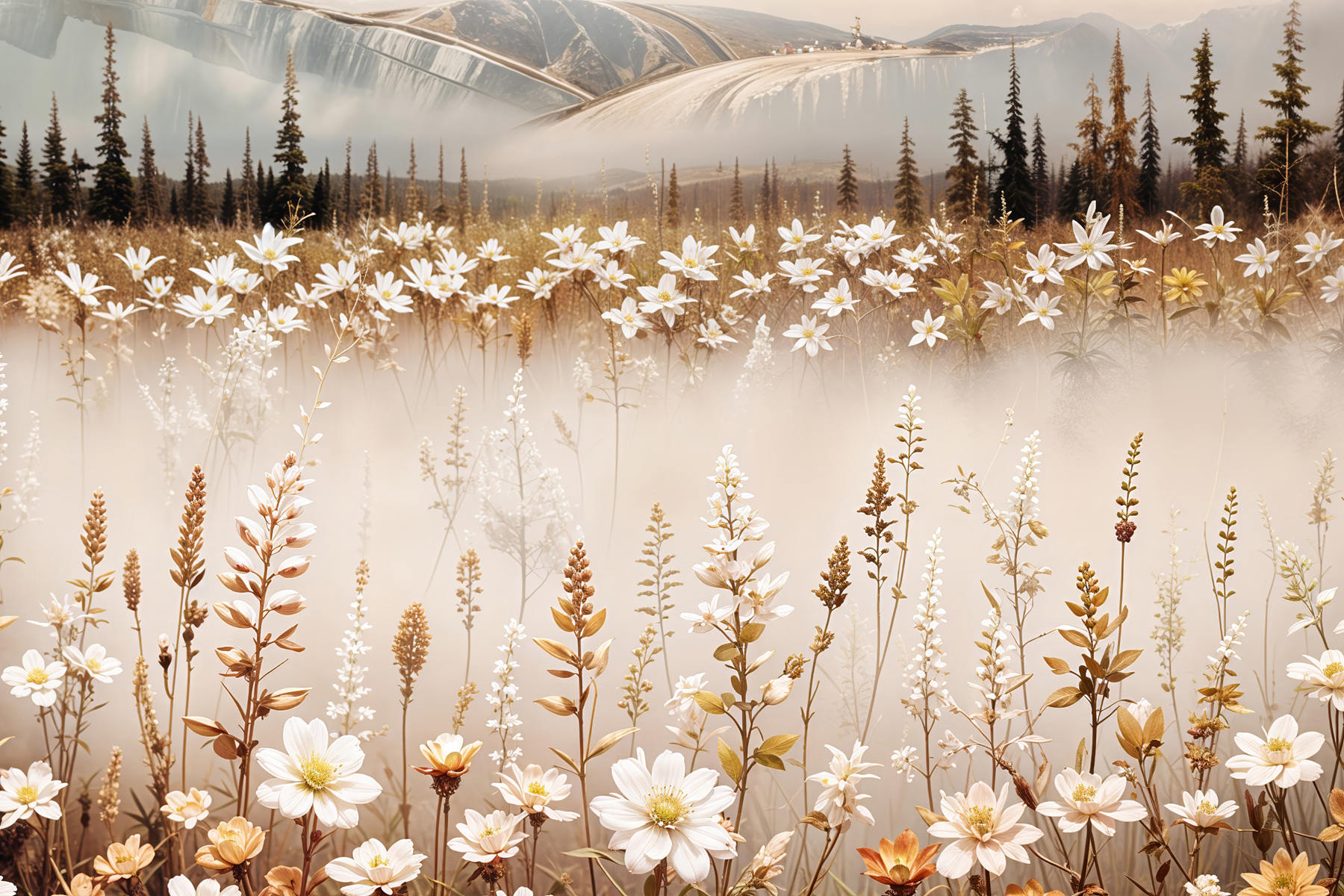 Field of flowers with mountains in the background