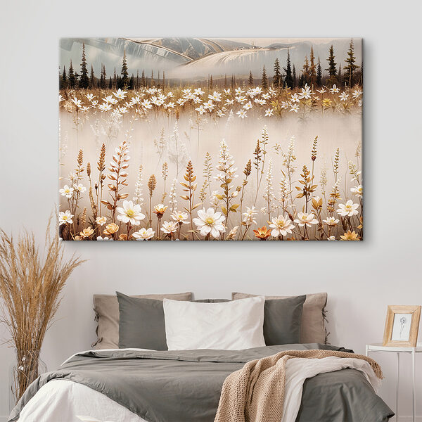 Field of flowers with mountains in the background