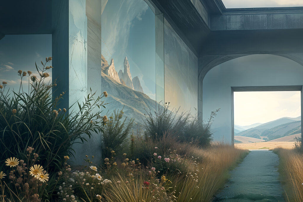 Building with a view of mountains and grass