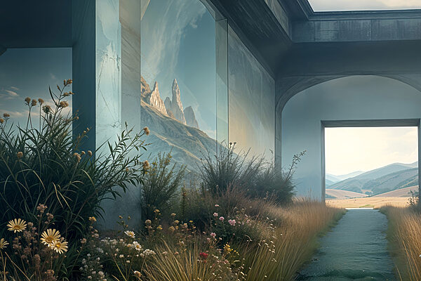 Building with a view of mountains and grass