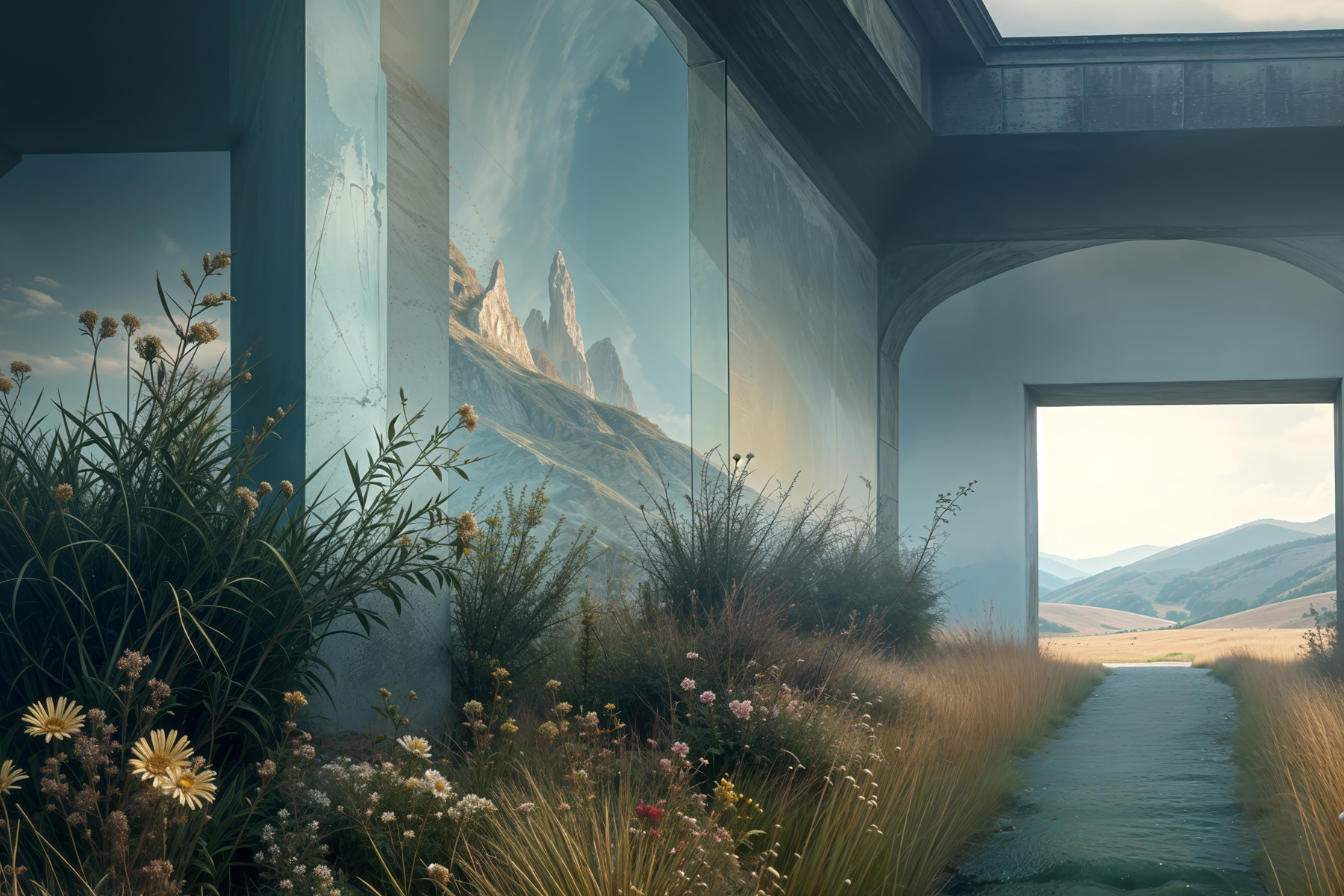 Building with a view of mountains and grass