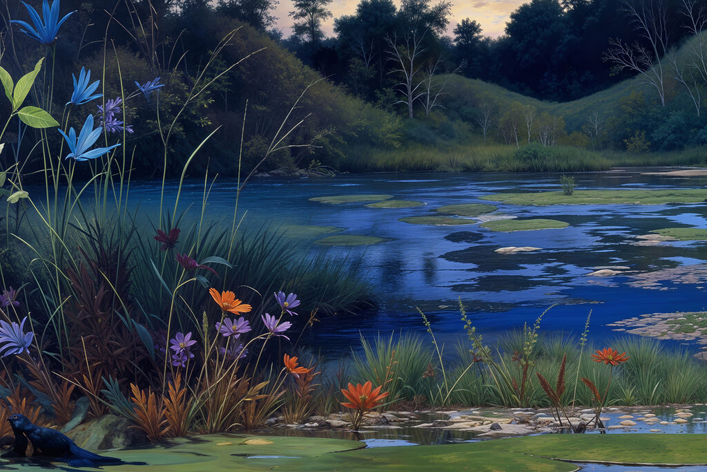 Pond with flowers and grass Pond with flowers and grass