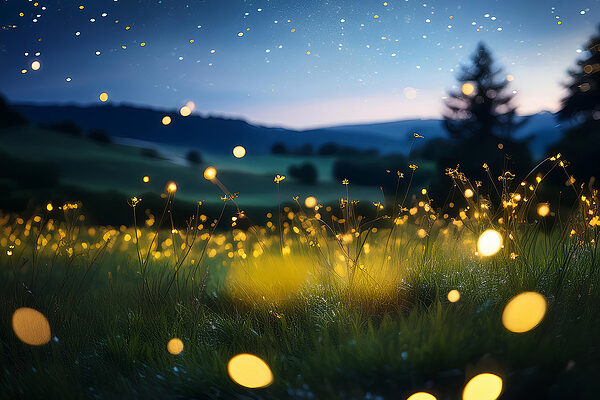 Field of fireflies at night
