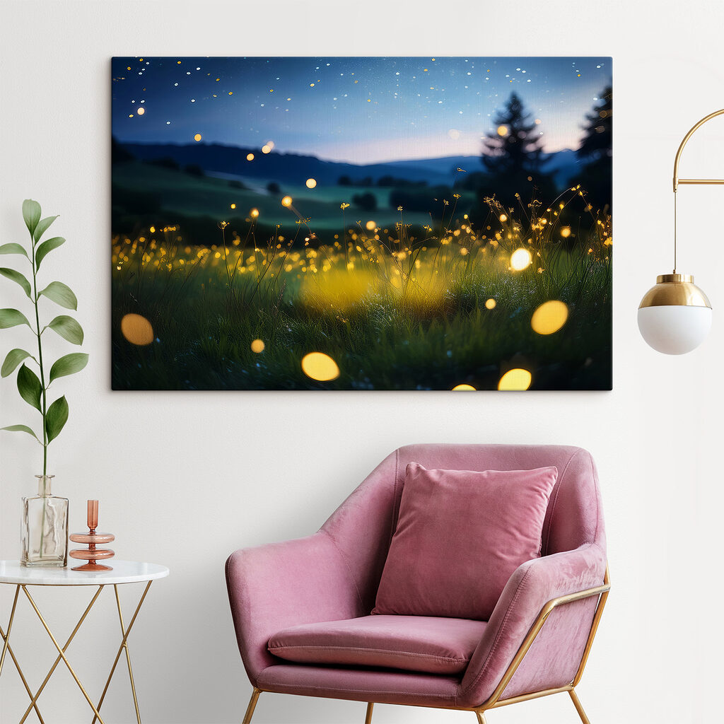 Field of fireflies at night