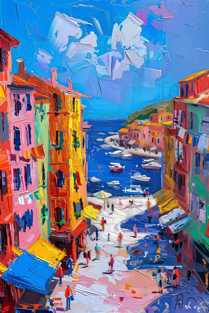 Painting of a city with boats and people Painting of a city with boats and people