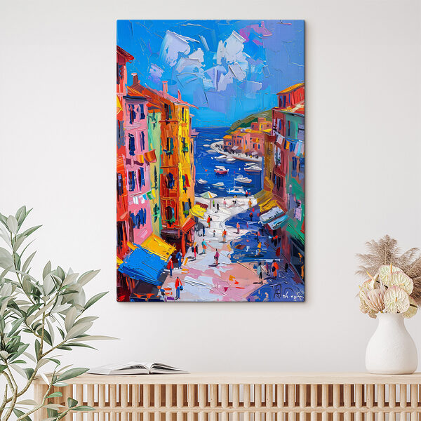 Quadri Dipinto raffigurante una città con barche e persone (COD: s39627) Quadri Quadri Dipinto raffigurante una città con barche e persone (COD: s39627)