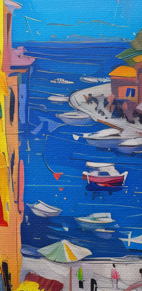 Painting of a city with boats and people Painting of a city with boats and people