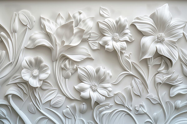 White wall with flowers and leaves White wall with flowers and leaves
