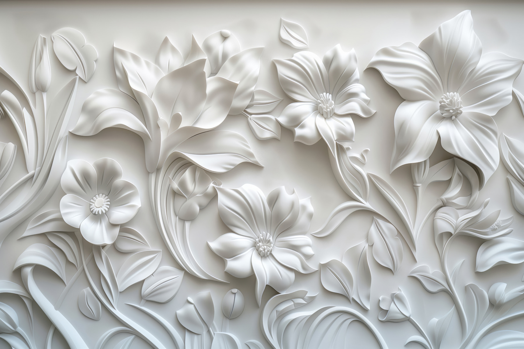 White wall with flowers and leaves White wall with flowers and leaves