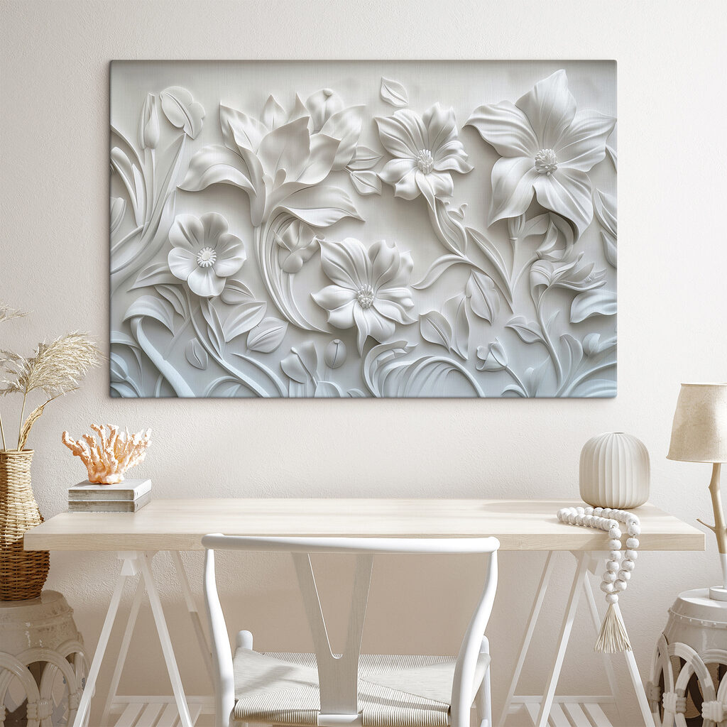 White wall with flowers and leaves White wall with flowers and leaves