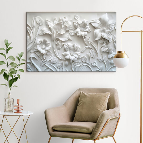 White wall with flowers and leaves White wall with flowers and leaves
