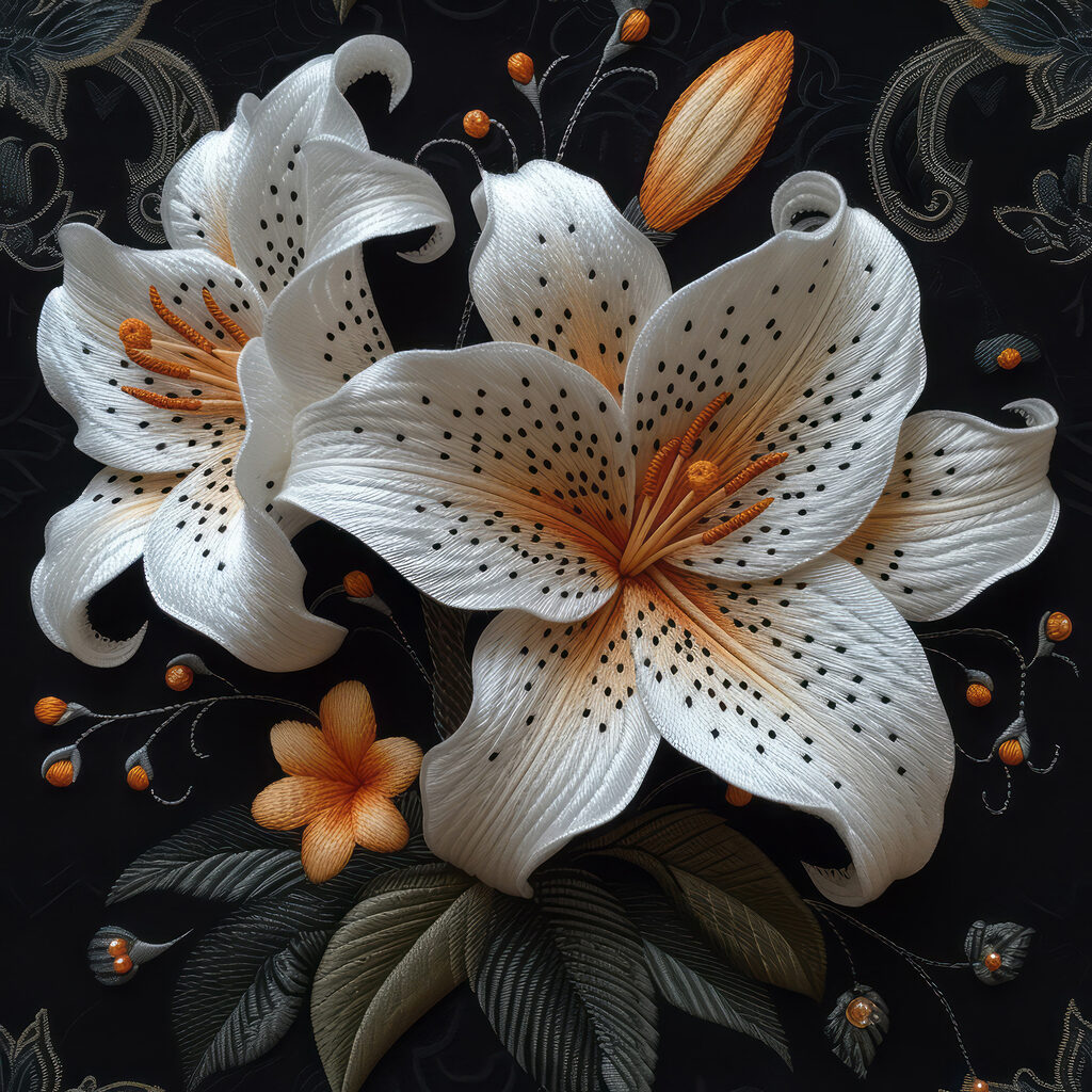 White and orange flowers on a black background White and orange flowers on a black background