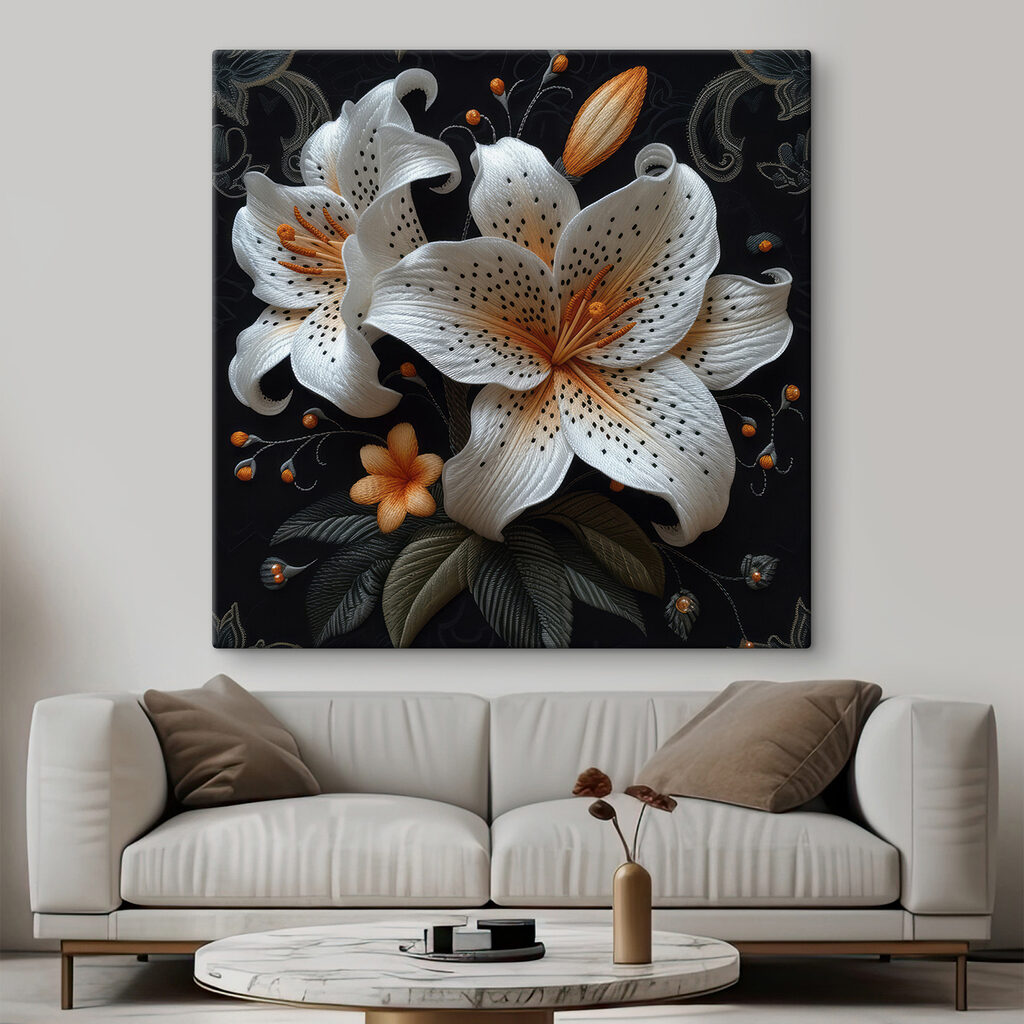 White and orange flowers on a black background White and orange flowers on a black background
