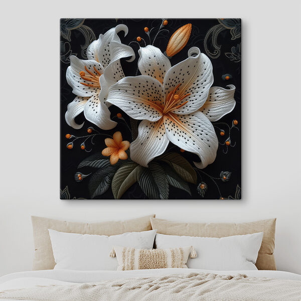 White and orange flowers on a black background White and orange flowers on a black background