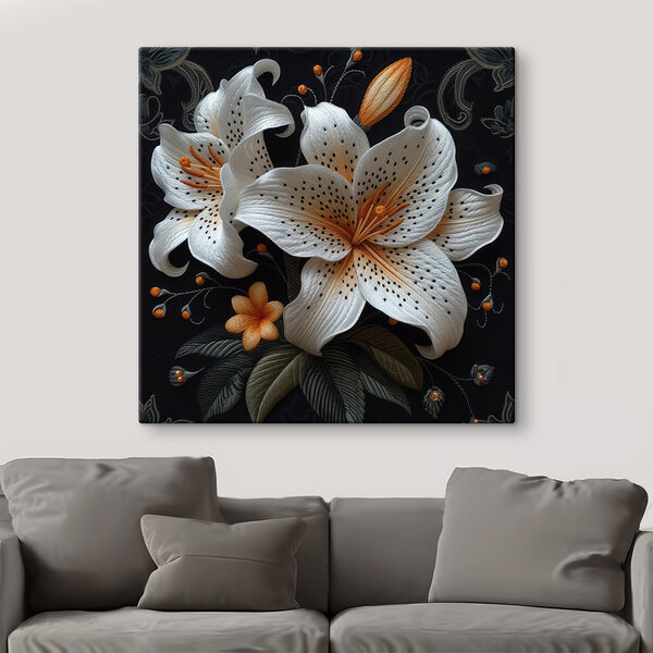 White and orange flowers on a black background White and orange flowers on a black background