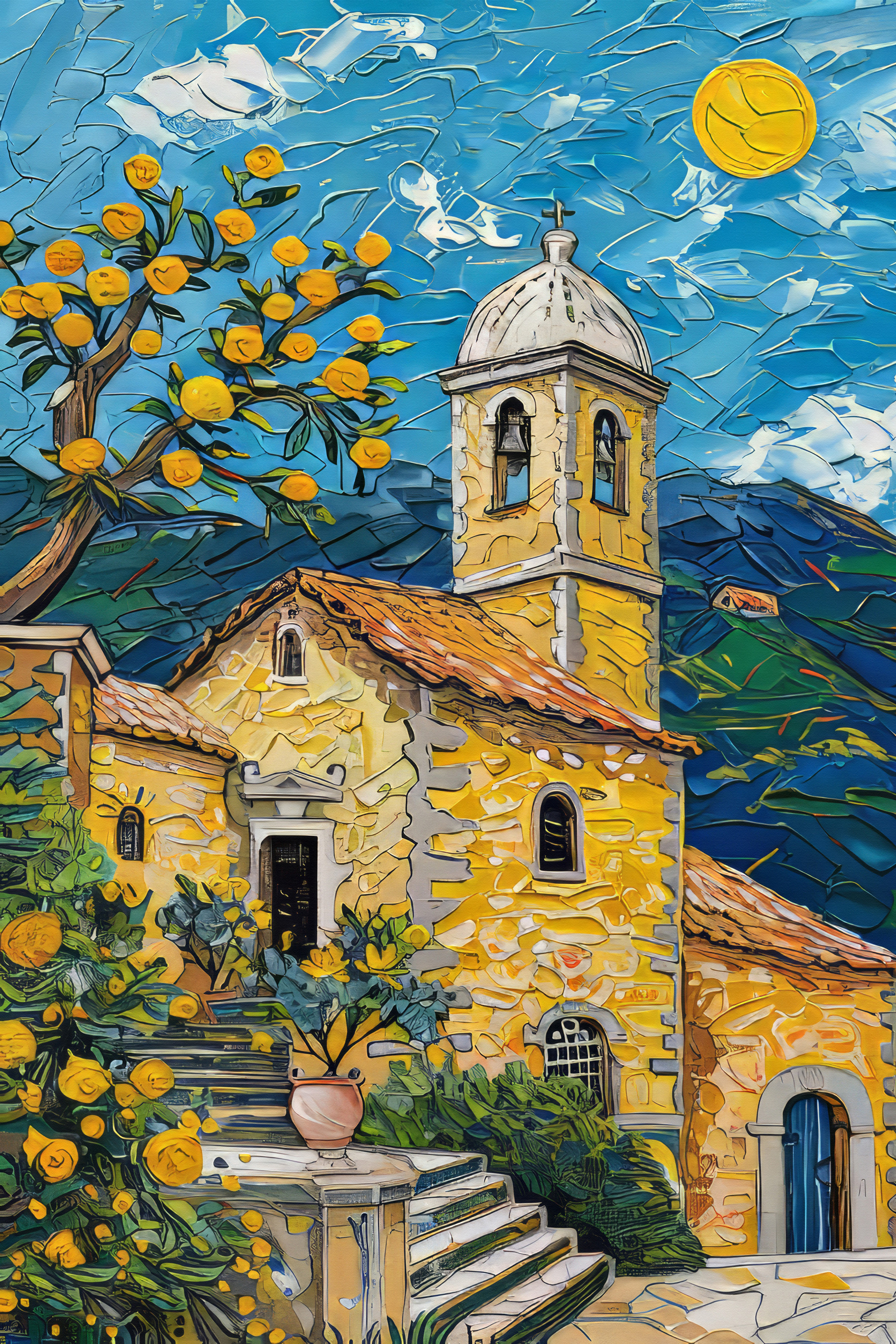 Painting of a building with a bell tower